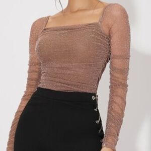 Hot Mesh Panel Ruched Glitter Date Night TopsSheer Long Sleeve Top
